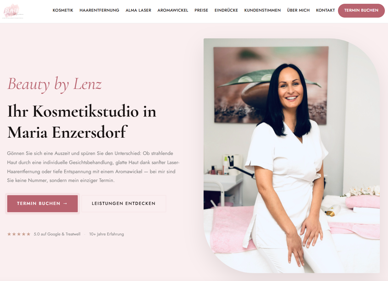 Beauty by Lenz – Startseite des Kosmetikstudios in Maria Enzersdorf mit Hero-Bereich und Terminbuchung
